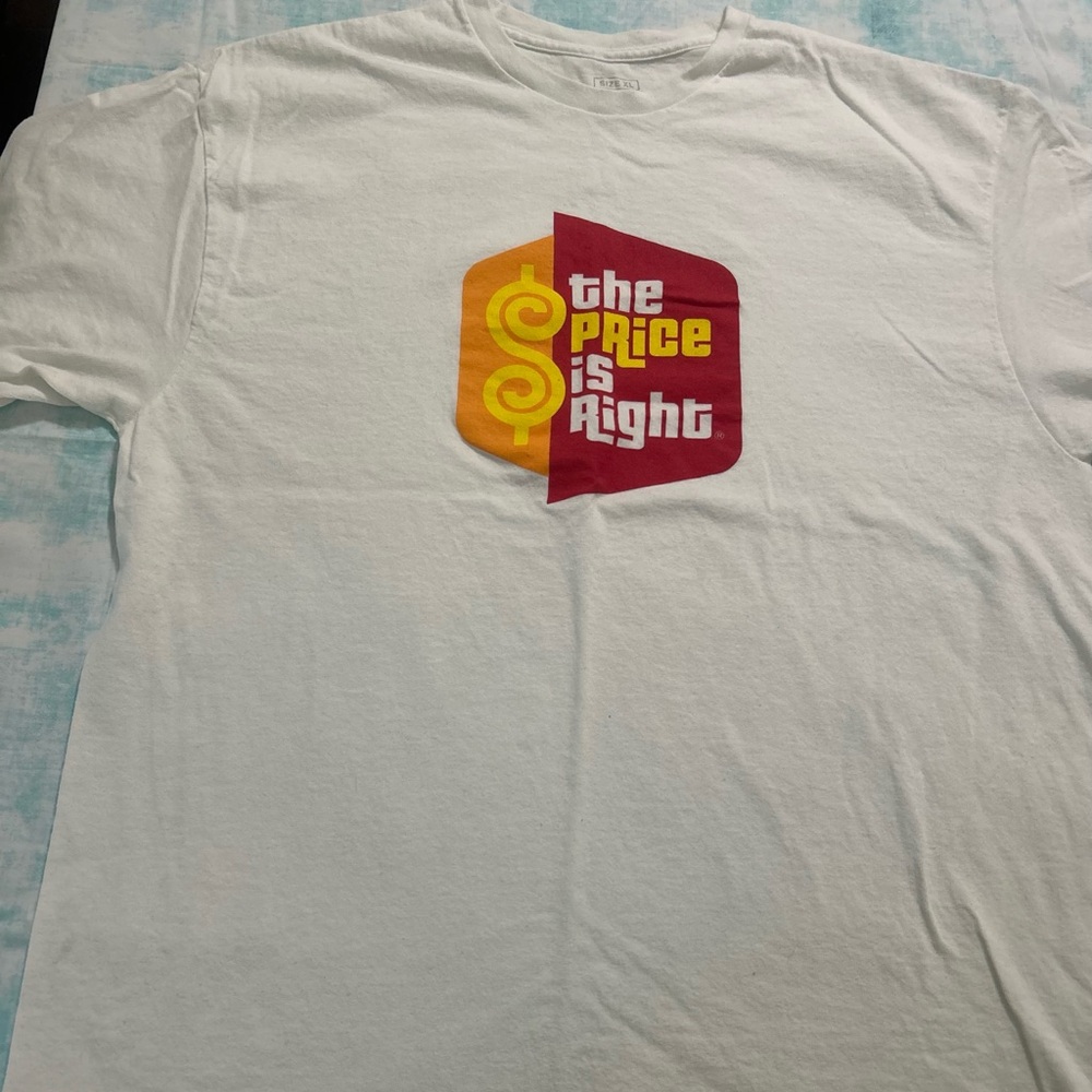 Price Is Right Encore Jeans White and Red Short Sleeve Tee with Retro Logo